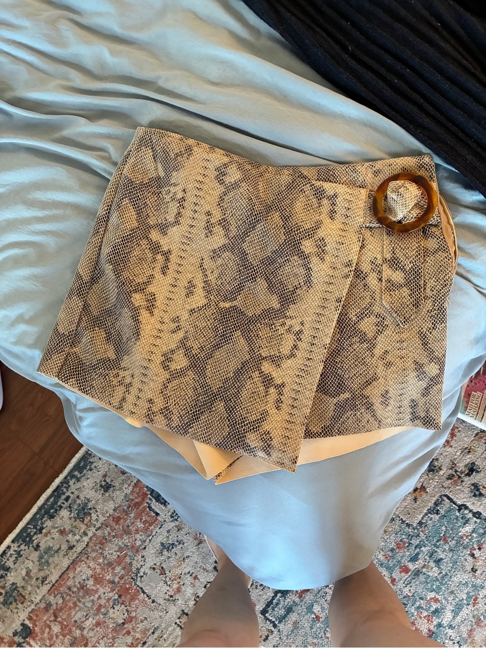 Zara Snake-Print Wrap Mini Skirt with Tortoiseshell Buckle - Beige/Brown